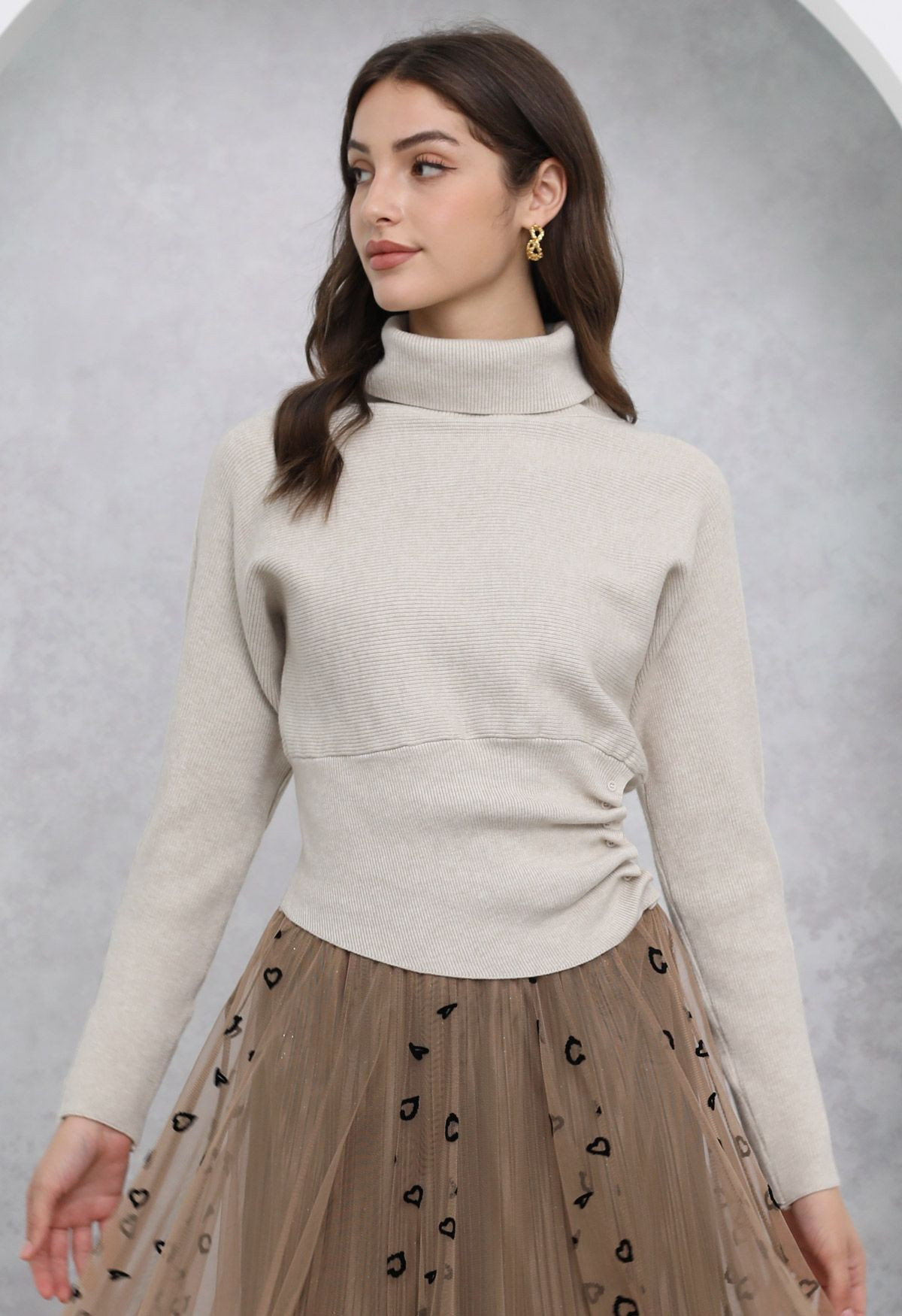 Side Buttons Decorated Turtleneck Long Sleeve Ribbed Knit Top in Oatmeal | Chicwish