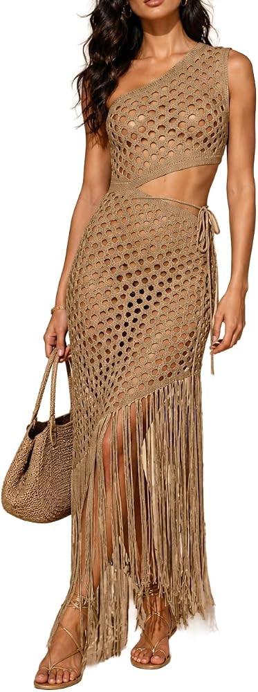 EOSIEDUR Women's One Piece Outfit One Shoulder Crochet Cover Up Dress Hollow Out Mesh Drawstring ... | Amazon (US)