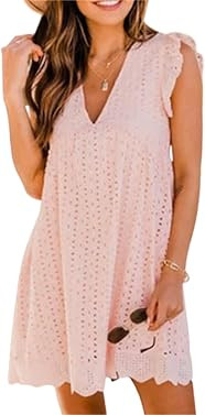AELSON Women's Sexy Summer V Neck Dress with Short Loose Ruffle Sleeve California Romper Dress | Amazon (US)