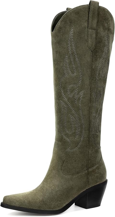 Pasuot Western Cowboy Boots for Women - Knee High Wide Calf Cowgirl Boots, Slip On Pointed Toe Ch... | Amazon (US)