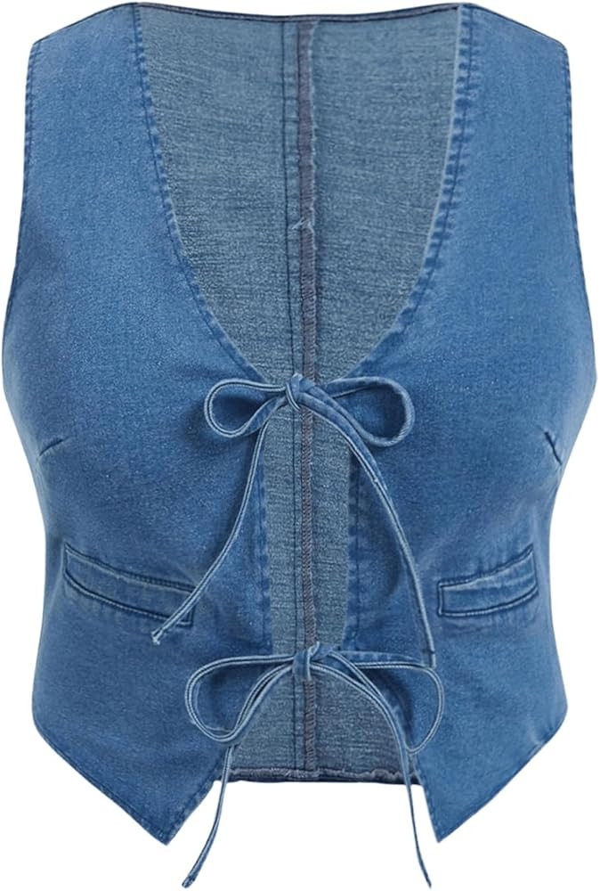 Milumia Women's Plus Size Sexy Tie Up Front Denim Vest Y2K Sleeveless Jean Tank Top Outerwear | Amazon (US)