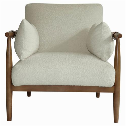 Clarice Mid Century Modern White Upholstered Boucle Brown Wood Frame Occasional Arm Chair | Kathy Kuo Home