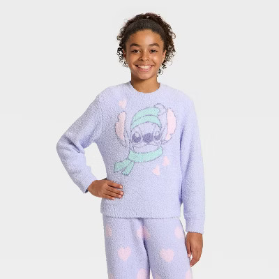 Girls' Disney Stitch Boucle Pullover Sweater - Light Blue S | Target