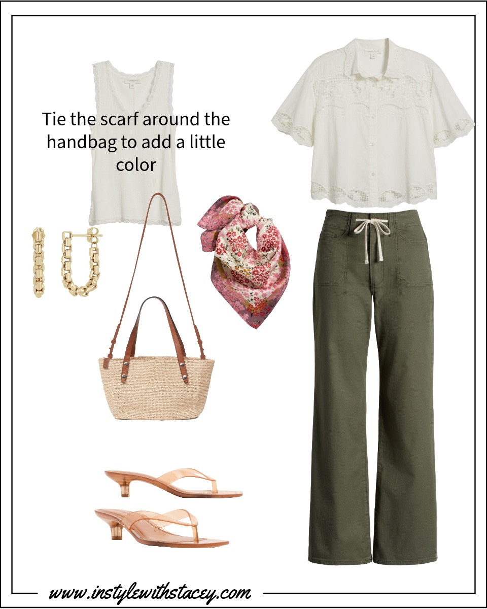 Olive green is a neutral, drawstrings are comfy and the cut flatters the bottom, love these Paige pants! Let’s pair it with this pretty embroidered ivory button up that can be buttoned as a top or left open. Add a silky scarf in a pretty print for color! 

#LTKOver40 #LTKSummerEdit #LTKStyleTip