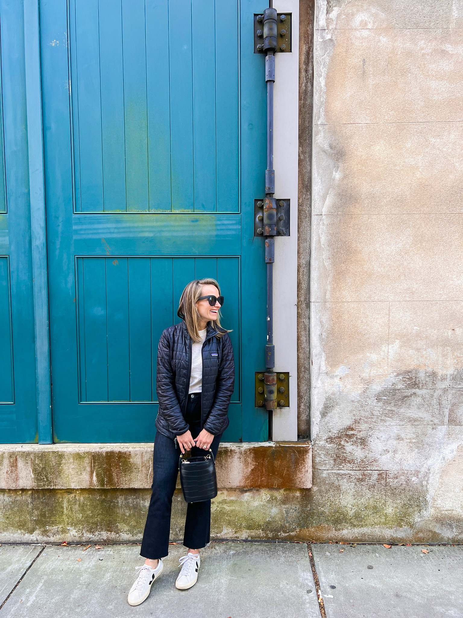 Casual outfit for a day in Charleston. Black kick flare jeans (TTS), a Patagonia puffer coat, Veja sneakers, and my favorite black J.Lowery Bucket bag. #charleston #travel #walkingoutfit

#LTKshoecrush #LTKSeasonal #LTKstyletip