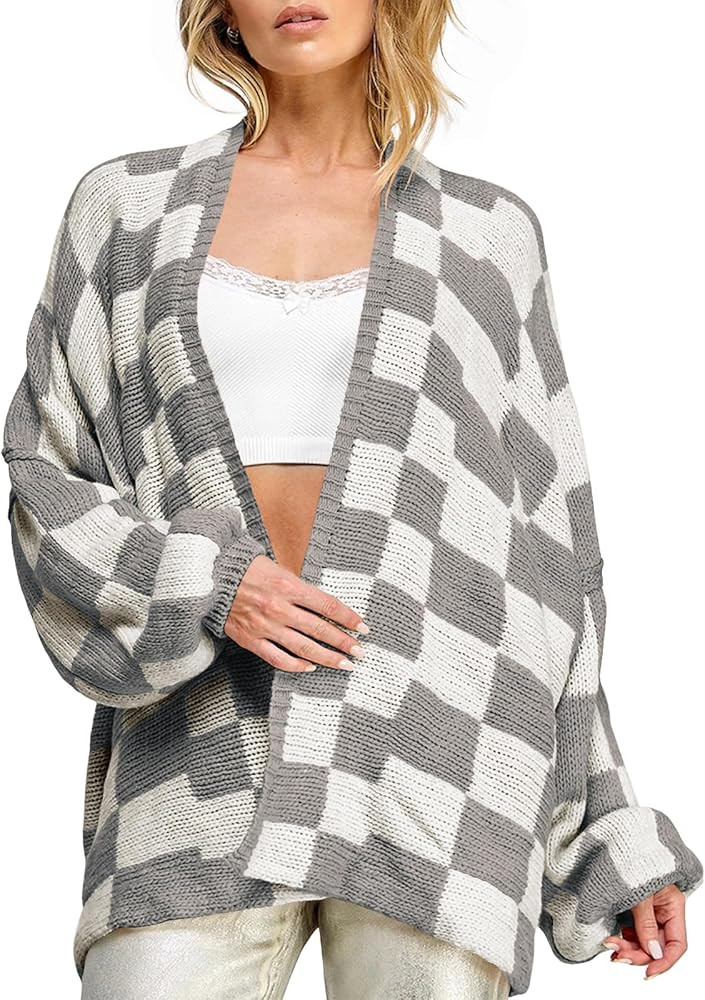 Saodimallsu Womens Checkered Oversized Cardigan Sweaters Color Block Chunky Open Front Lantern Sl... | Amazon (US)