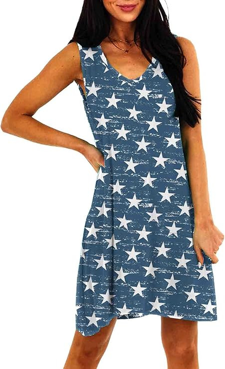 Deerose Women 4th of July Dress Sleeeveless Patriotic V Neck Dresses with Pockets | Amazon (US)