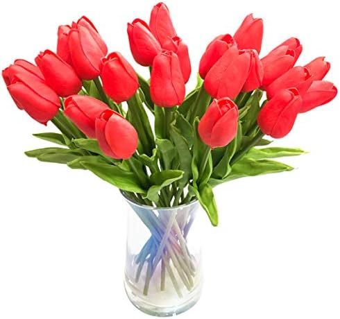 JOEJISN 30pcs Artificial Tulips Flowers Real Touch Red Tulips Fake Holland PU Tulip Bouquet Latex... | Amazon (US)