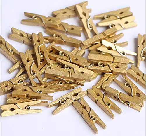 iKammo 50pcs Wooden Clothespins - Mini Gold Clothes Pins, 1.38 inch, Photo Pegs for Wrapping, Picture Hanging, Arts&Crafts, Photo Display (Gold, 3.5 * 0.7cm) | Amazon (US)