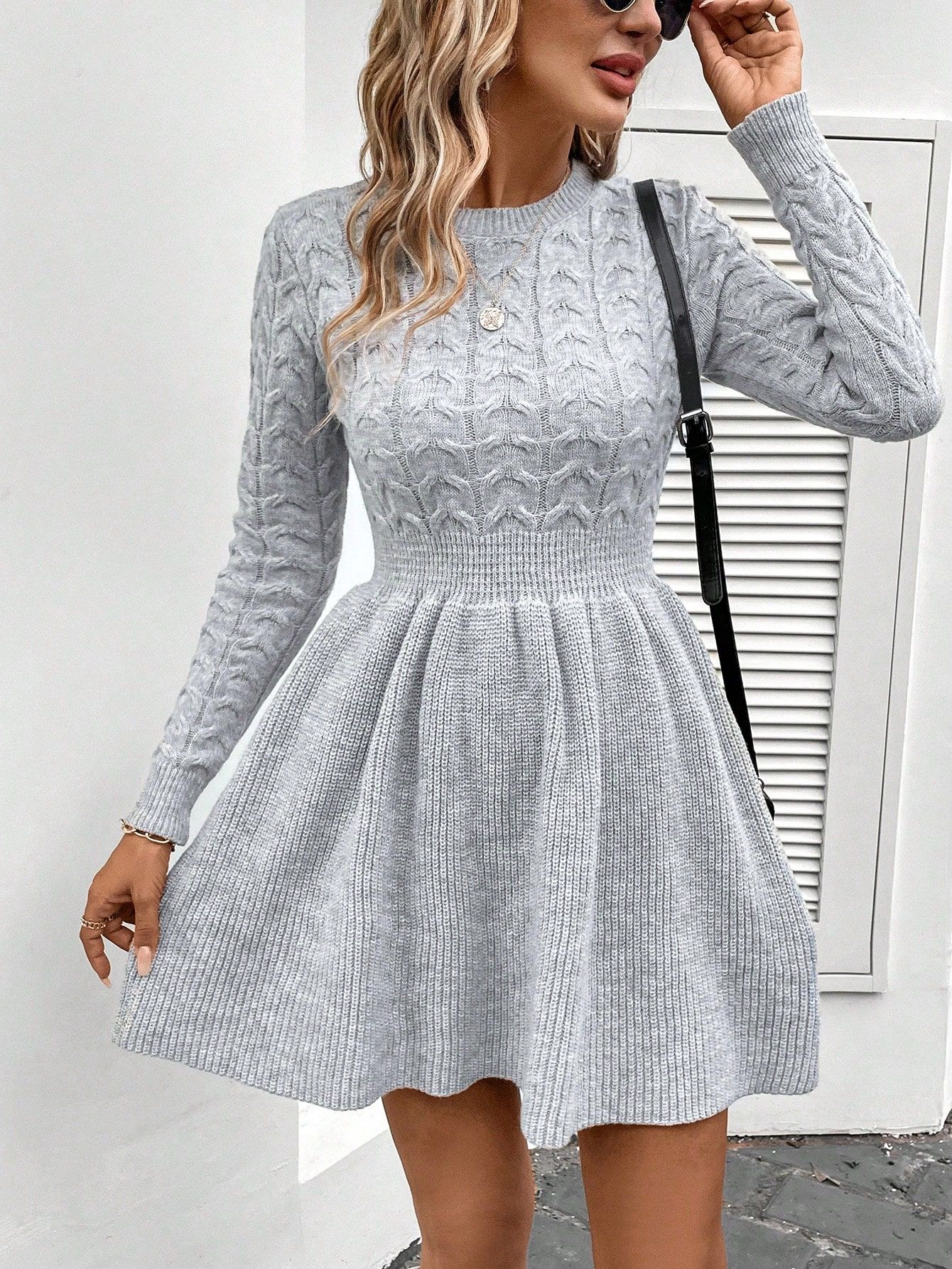 SHEIN LUNE Solid Cable Knit A-line Sweater Dress | SHEIN