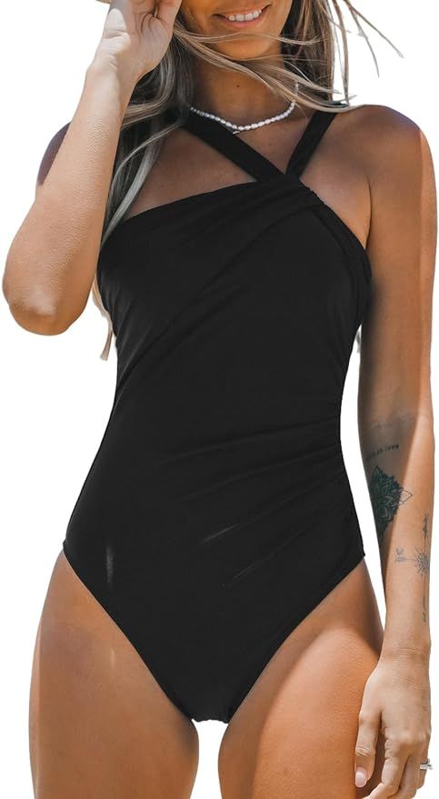 CUPSHE Women's One Piece Swimsuits Ruched Bathing Suit Tummy Control Back Tie Mutiple Ways Wearin... | Amazon (US)