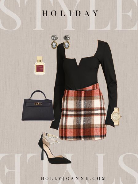 Holiday, Thanksgiving Outfit, Red Plaid Skirt, Luxury Chic Accessories, Gucci Earrings, Baccarat Rouge 540 Perfume, JLo Crystal Heels, Gold Watch, Hermes Mini Kelly Bag, Lulus Bodysuit, #HollyJoAnneW#LTKCyberweek

#LTKstyletip #LTKHoliday #LTKGiftGuide
