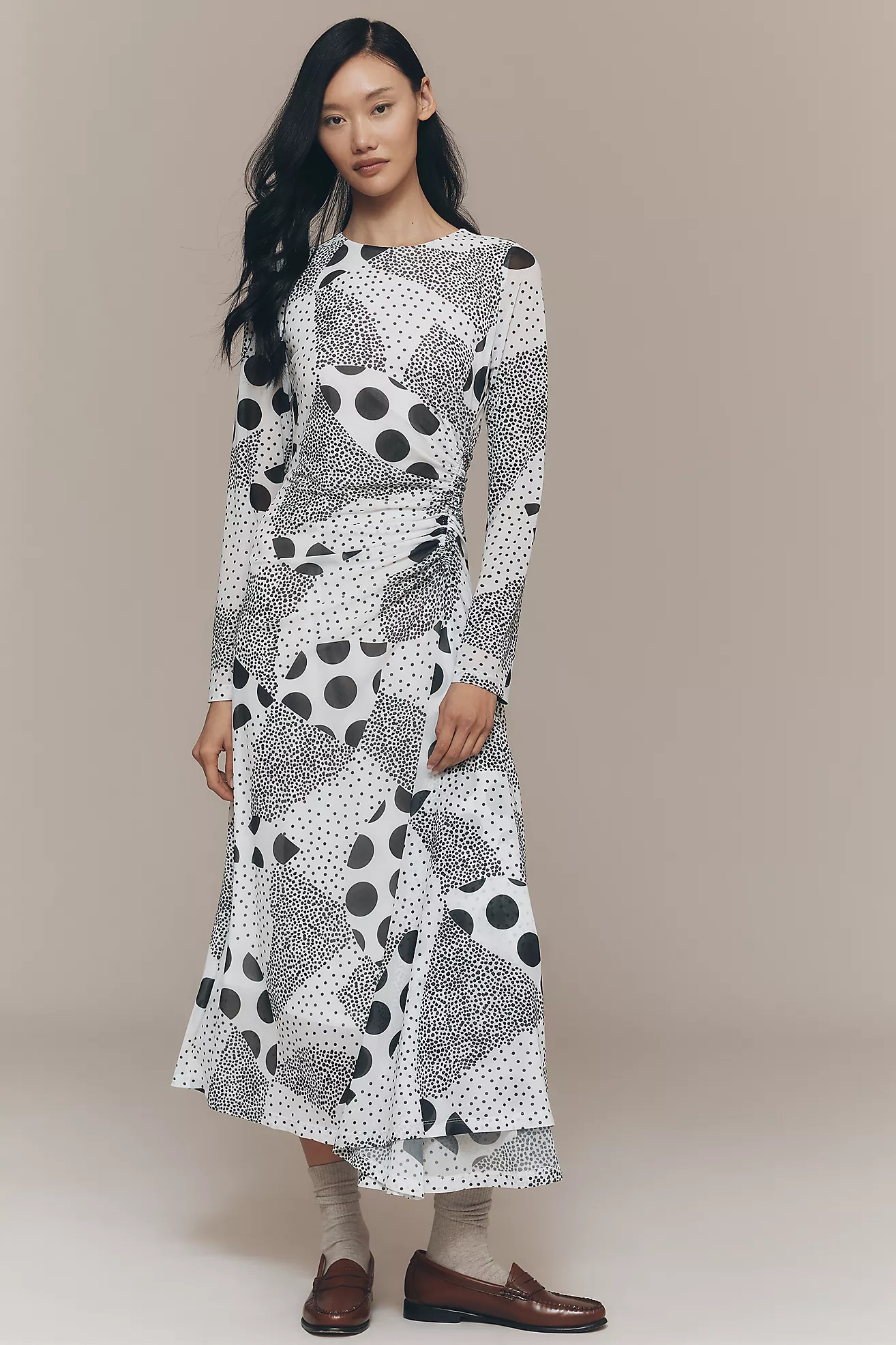 By Anthropologie Long-Sleeve Ruched Mesh Midi Dress | Anthropologie (US)