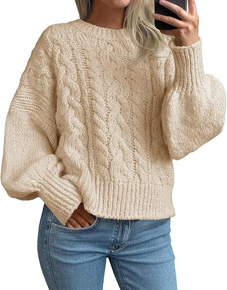 Saodimallsu Womens Cable Knit Sweaters Chunky Crew Neck Long Lantern Sleeve Casual Loose Fit Fall... | Amazon (US)