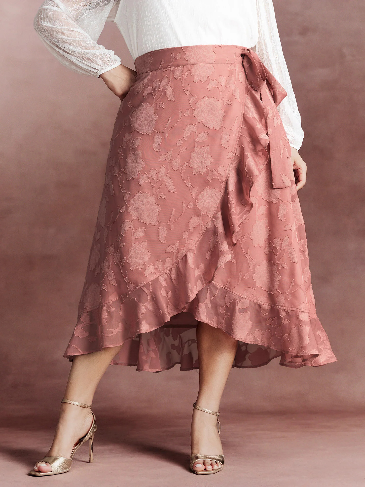 Soft Romance Jacquard High-Low Wrap Midi Skirt | Bloomchic