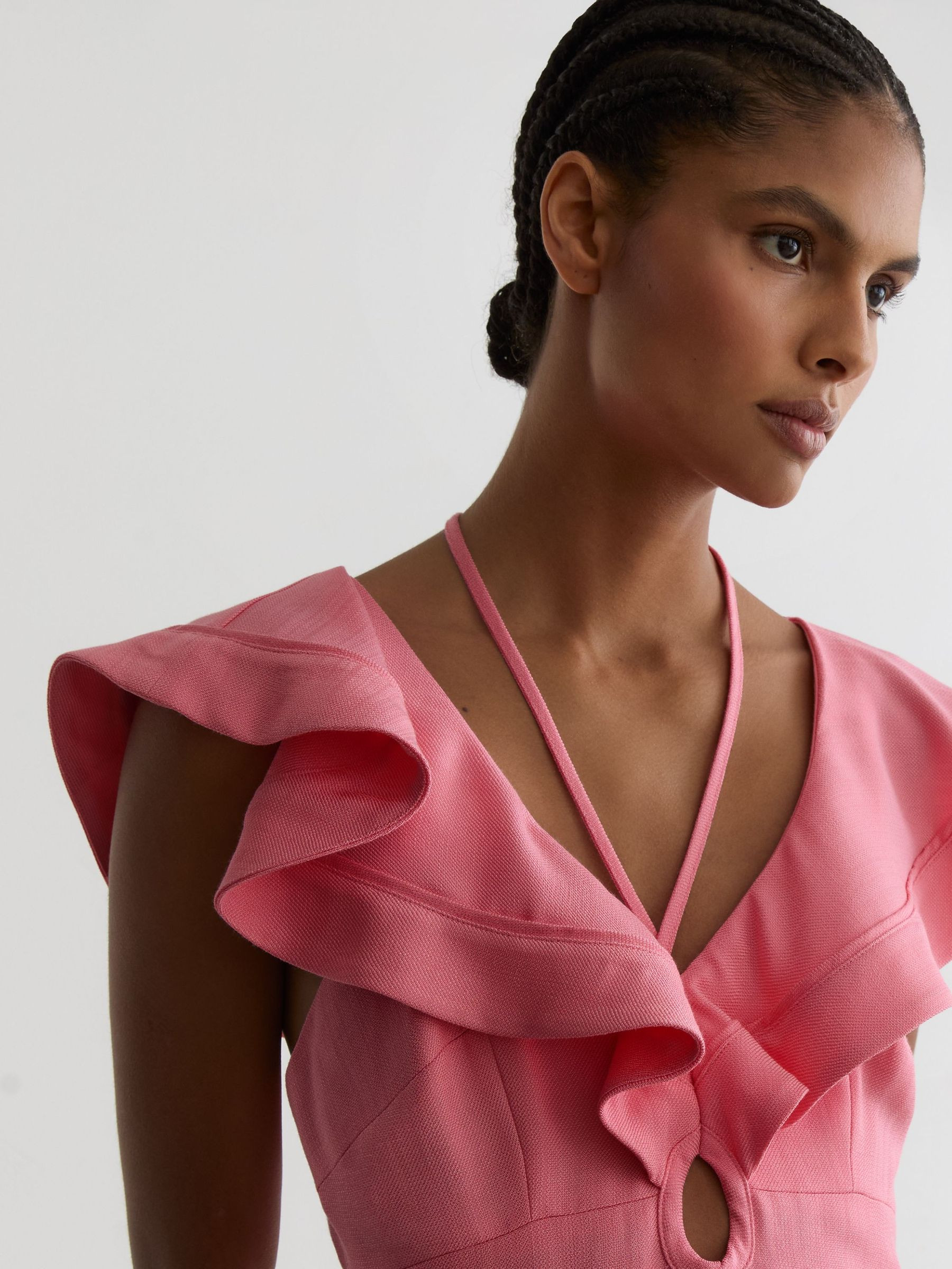 Reiss Rosafarbenes Midikleid mit Rüschen, Schlüsselloch und Bindekragen | REISS | Reiss DE