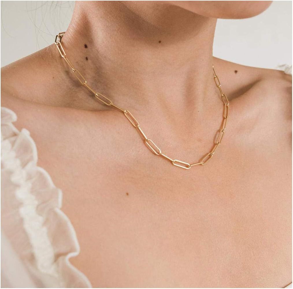 Lcherry Paperclip Choker Necklace Paperclip Bracelet 14K Real Gold Plated Oval Link Chain Necklace B | Amazon (US)