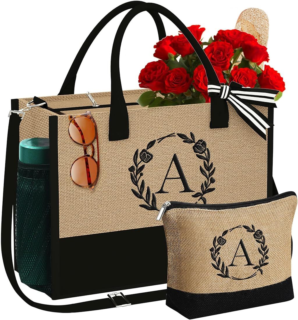 YOOLIFE Gifts for Women - Initial Jute Tote Bag & Makeup Bag with Zipper Pocket Adjustable Strap ... | Amazon (US)