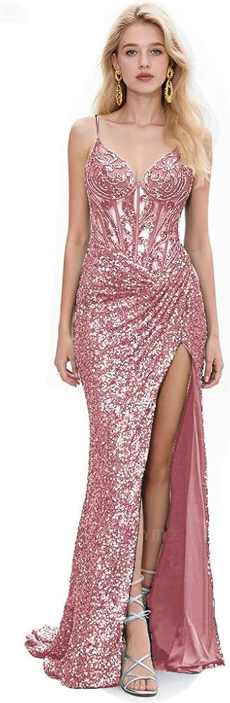 Spaghetti Strap Sequin Prom Dresses with Slit 2026 Sparkly Lace Appliques Mermaid Formal Evening ... | Amazon (US)