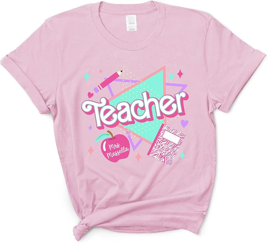 Personalized Teacher Shirt - Custom Name Grade Pink 80s 90s Teacher Back to School T-Shirt | Amazon (US)