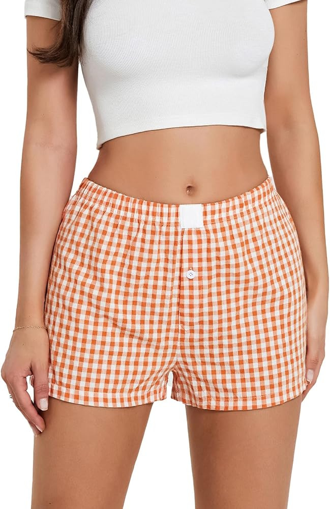 Women's Y2K Lounge Shorts Cute Soft Elastic Low Waist Plaid Print Button Front Pajama Bottoms Box... | Amazon (US)