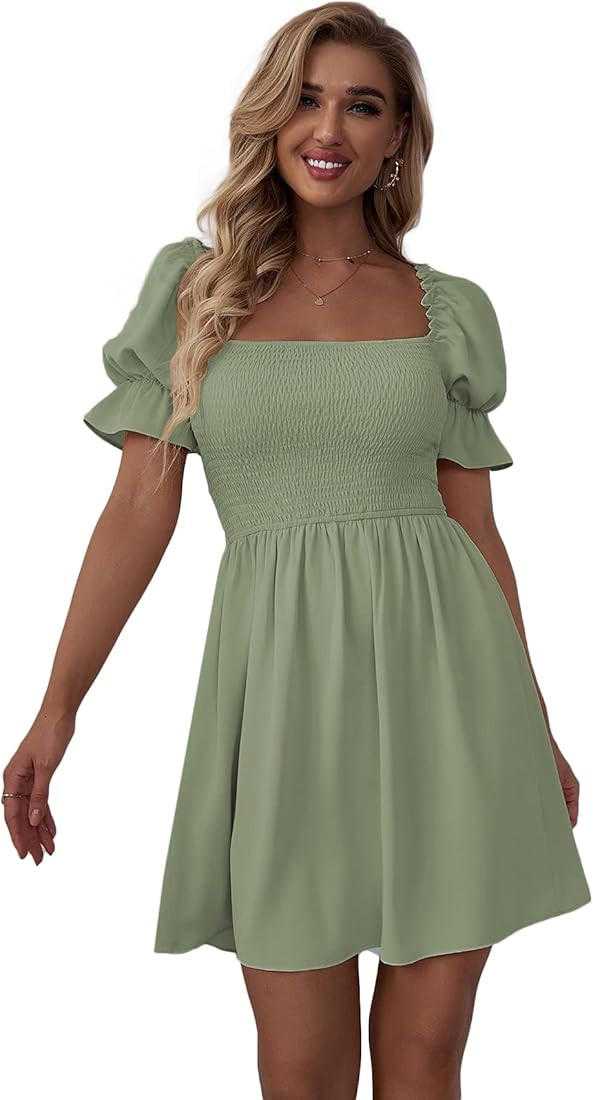 WDIRARA Women's Square Neck Flounce Short Sleeve Shirred Ruffle Hem Dress | Amazon (US)