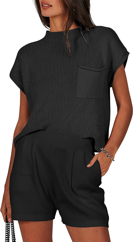 ANRABESS Women's Two Piece Summer Outfits Knit Sweater Short Sets Pullover Tops & Shorts Lounge M... | Amazon (US)