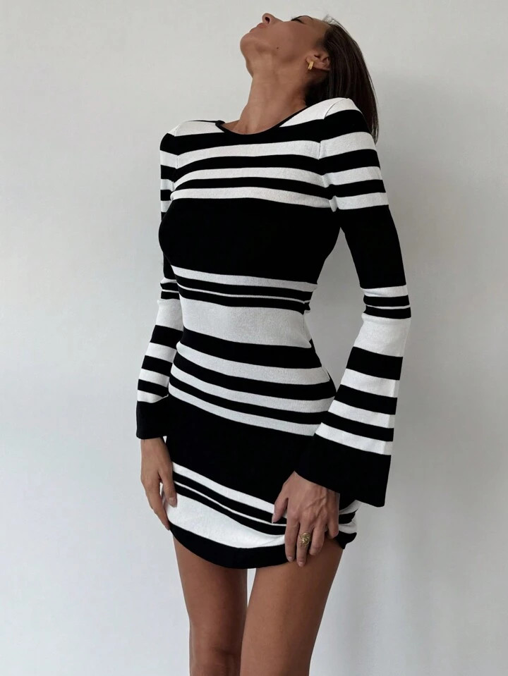 Aloruh Modern Casual Fitted Mini Backless Tie Flared Sleeve Asymmetrical Striped Knitted Sweater ... | SHEIN