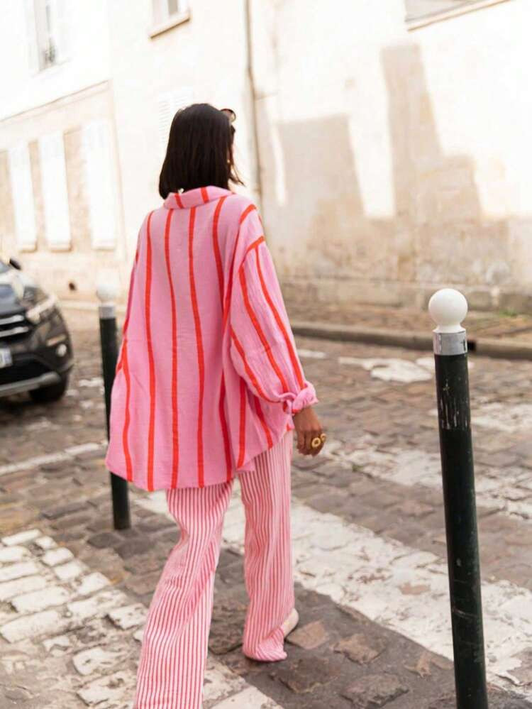 Women's Pink Stripe Loose Blouse, Elegant Casual Top Suitable For Commuting, Daily Wear, Valentine's Day, Outdoor, Spring/Summer | SHEIN
