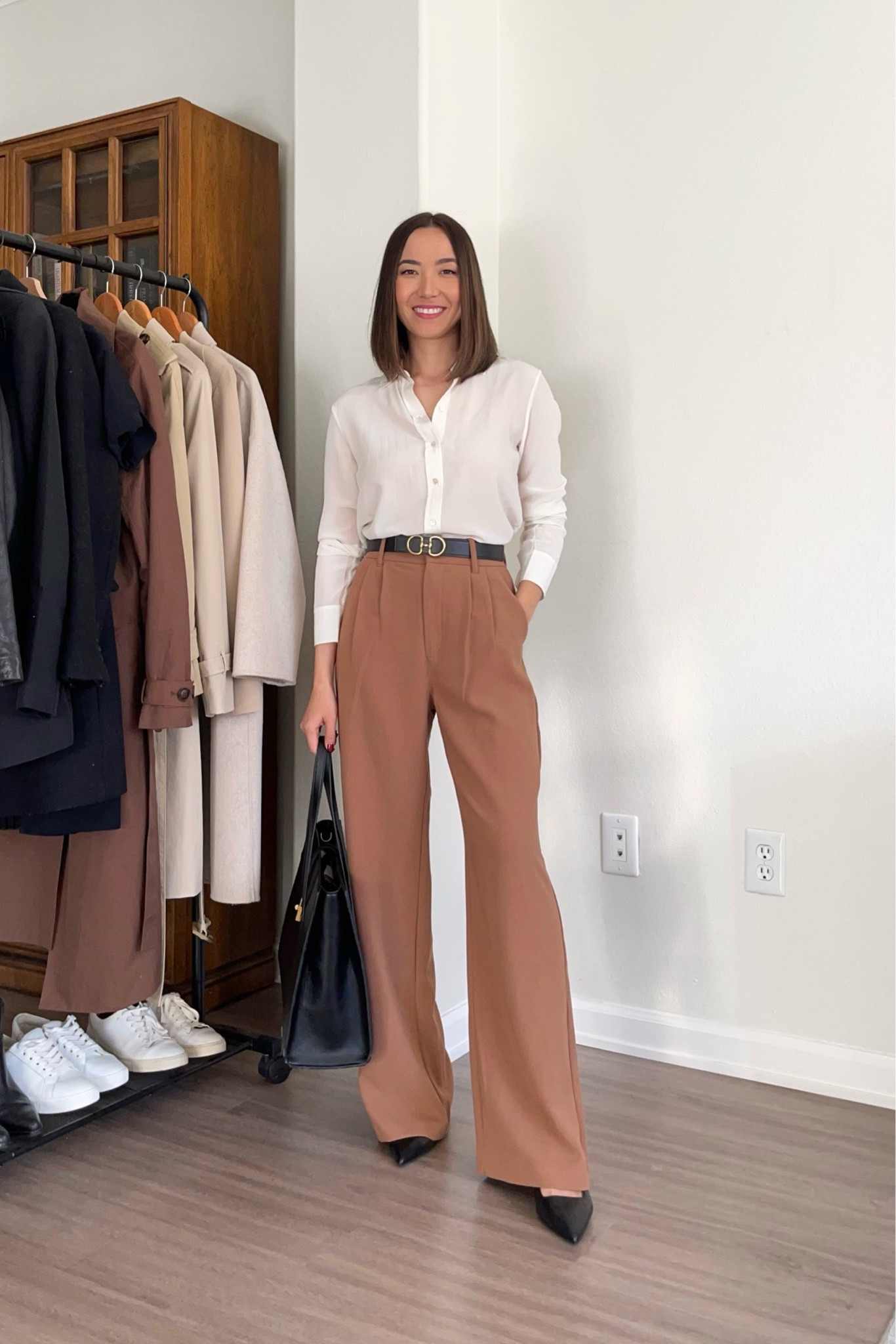 Spring business professional workwear 

Silk button up top - xs 
Tailored work pants - xs, new version might be slightly different colors 
Black Slingback work heels 
Leather bag from mango sold out - linked similar 

#LTKunder100 #LTKworkwear #LTKSeasonal