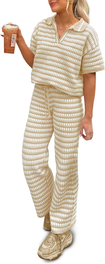 Imily Bela Womens 2 Piece Outfits Striped Short Sleeve Sweater Tops Knit Sets Wide Leg Pants Loun... | Amazon (US)