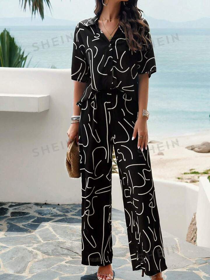 SHEIN Essnce Women's Line Print Short Sleeve Shirt And Pants Set | SHEIN USA | SHEIN