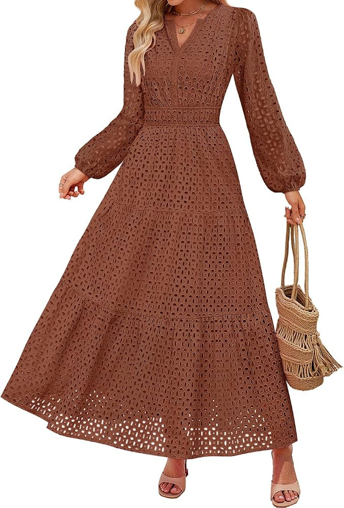 ZESICA Women's 2026 Fall Long Sleeve Eyelet Maxi Dress | Amazon (US)
