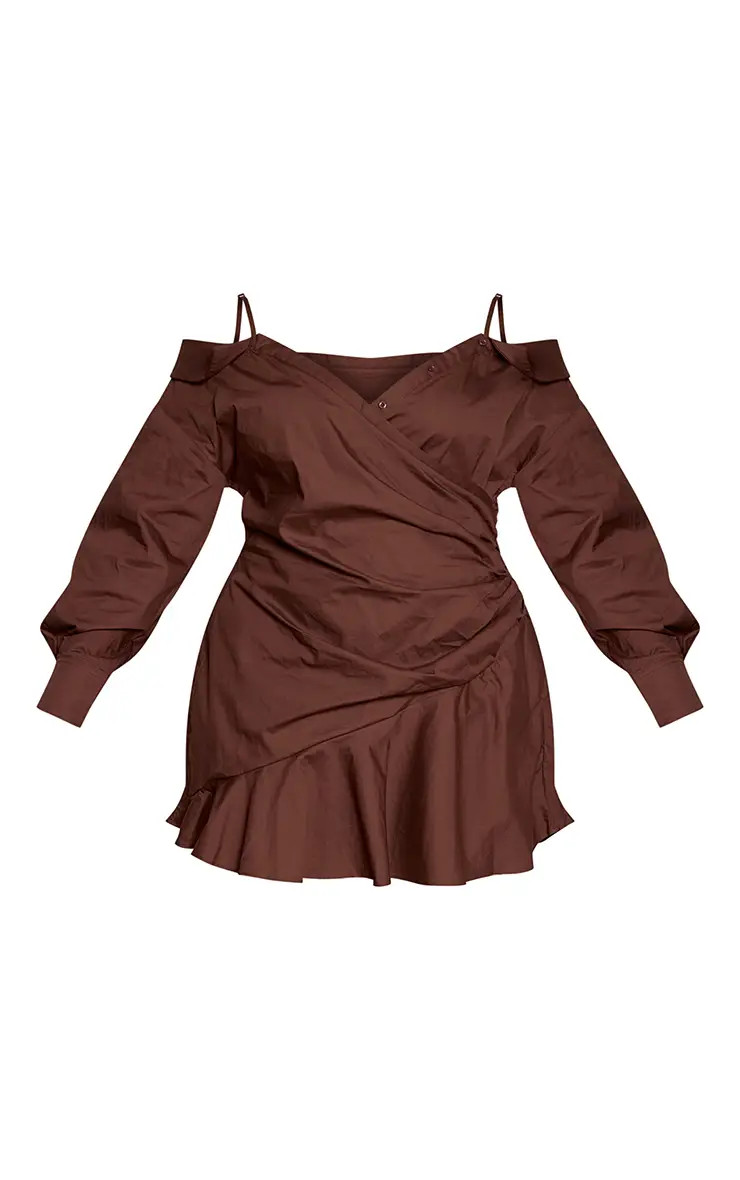 Chocolate Off The Shoulder Asymmetric Shirt Dress | PrettyLittleThing USA | PrettyLittleThing US