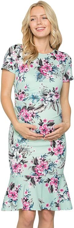My Bump Maternity Midi Dress - Fitted Stretch Short Sleeves Mermaid Flare Ruffle | Amazon (US)