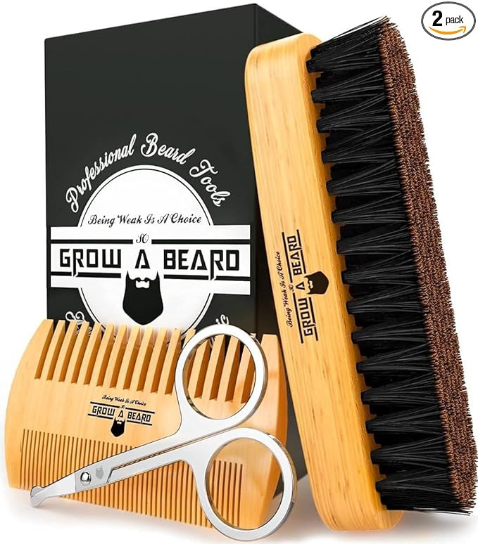 Beard Brush For Men & Beard Comb Set w/Mustache Scissors Grooming Kit, Natural Boar Bristle Brush... | Amazon (US)