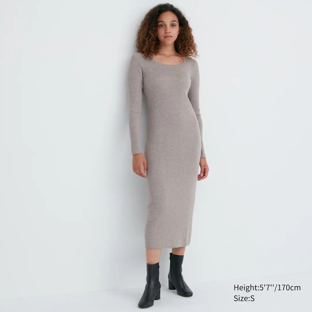 MERINO BLEND FITTED U NECK LONG SLEEVED DRESS | UNIQLO (UK)