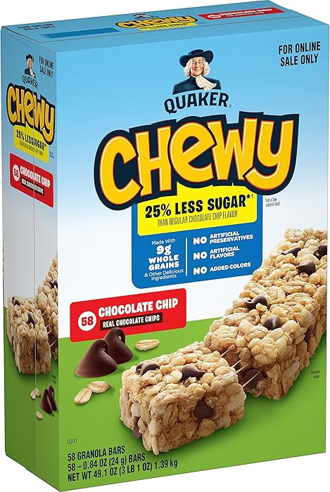Quaker Chewy Lower Sugar Granola Bars, Chocolate Chip, 58 Count | Amazon (US)
