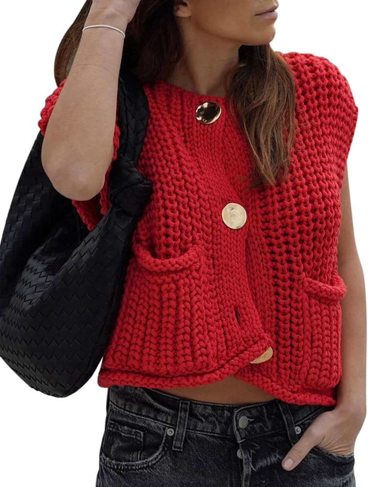 Women Solid Sleeveless Chunky Knit Vest Tops Gold Button Down Sweater Tops Open Front Pockets Cro... | Amazon (US)