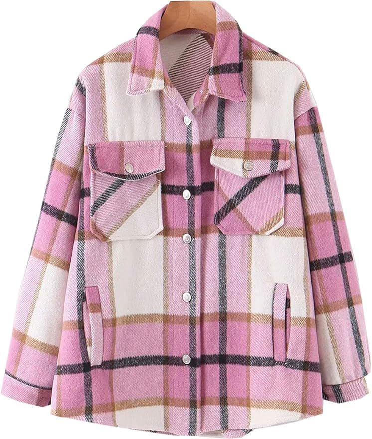 Women's Casual Flannel Plaid Shirt Wool Blend Button Down Long Sleeve Shacket Jacket Pockets | Amazon (US)