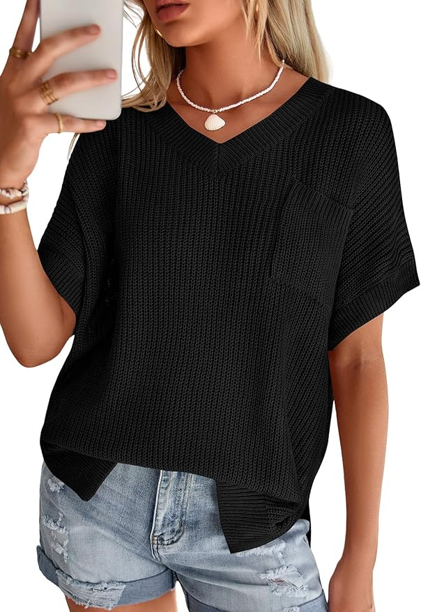 PRETTYGARDEN Womens Summer Sweaters, Short Sleeve V Neck Loose Fit Knit Top with Pocket, Versatil... | Amazon (US)