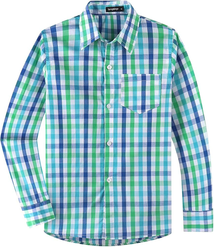 Spring&Gege Boys' Long Sleeve Plaid Poplin Button Down Shirt | Amazon (US)