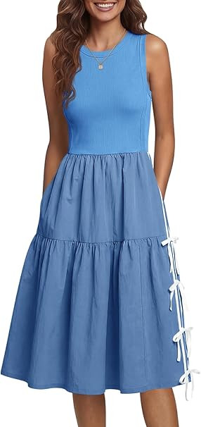 Fisoew Womens Sleeveless Midi Dress Summer Ribbed Knit Patchwork Self-tie Bow Loose Active Tank D... | Amazon (US)