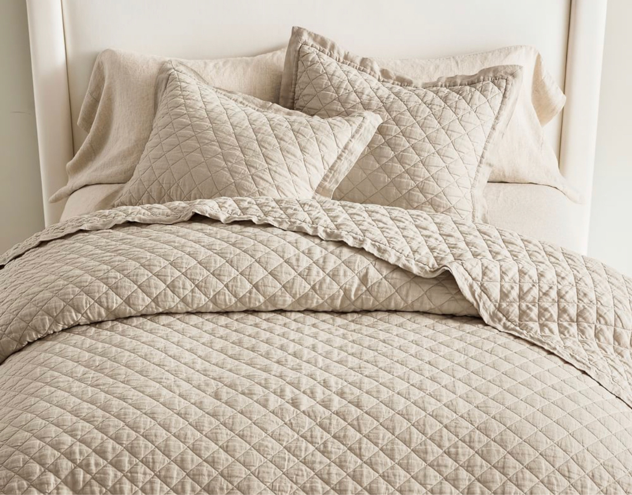 Pottery Barn Belgian Flax Linen Diamond Quilt, bedding, bedroom decor, bed covers, bedspreads