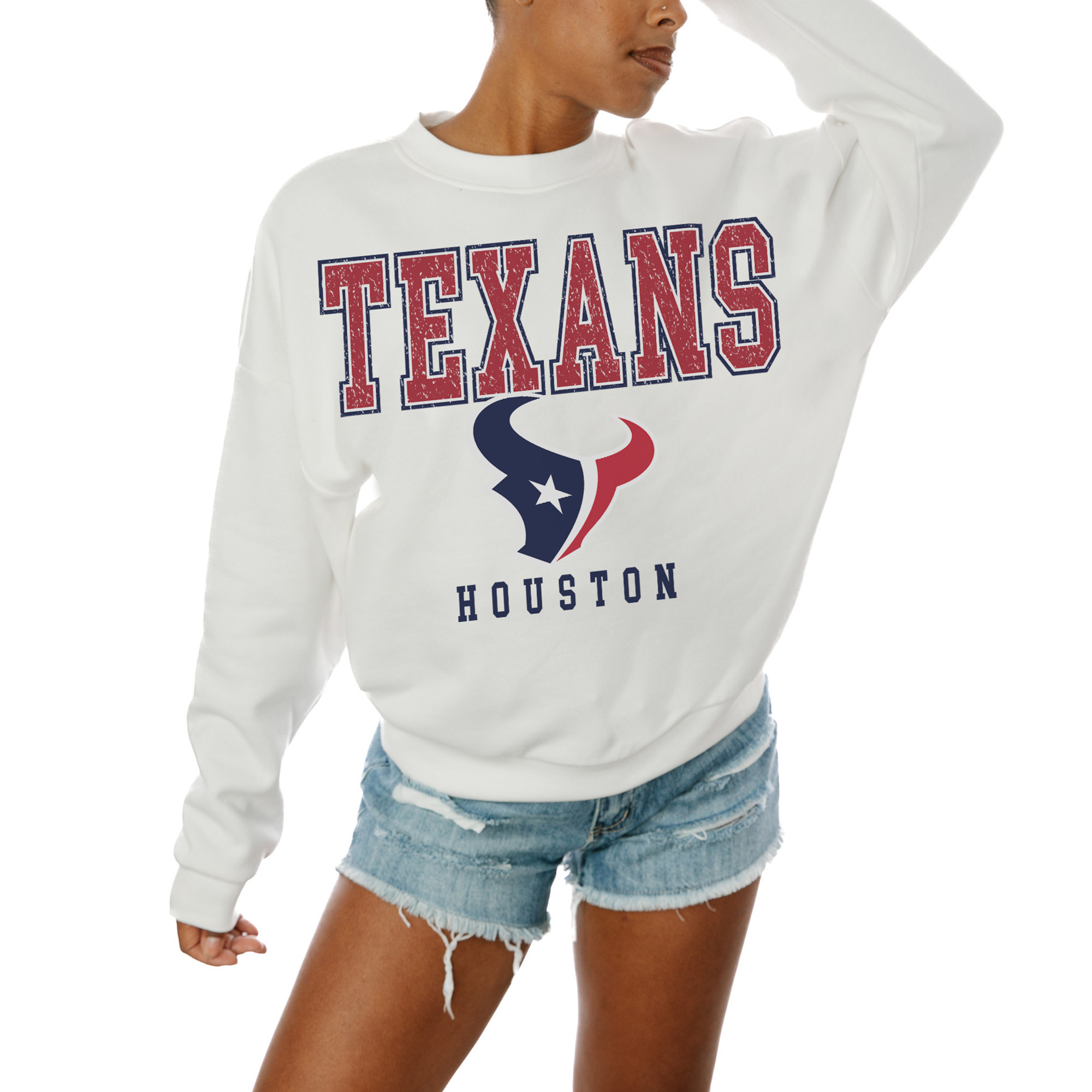 Women's Gameday Couture White Houston Texans Sunday Drives Oversized Crewneck Pullover Sweatshirt | Fanatics