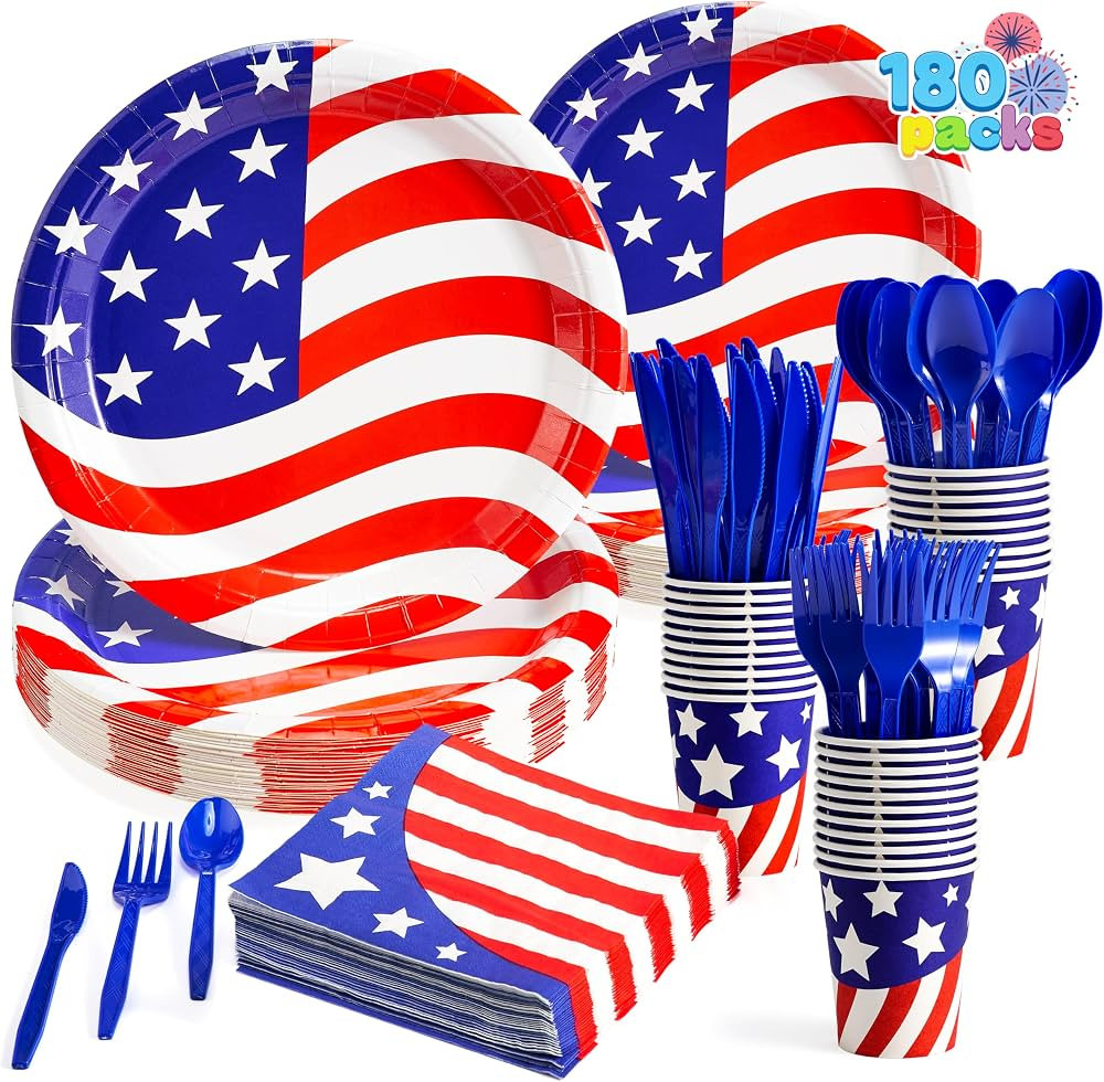 JOYIN 180 Pcs Patriotic Party Supplies Dinnerware Set of 30 Plates,30 Napkins,30 Paper Cups and 9... | Amazon (US)