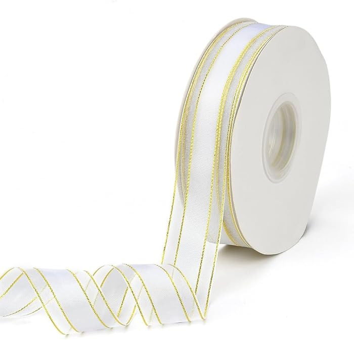 50 Yards 1 Inch White Organza Ribbon Gold Edge Ribbon Snow Sheer Transparent Soft Smooth Mesh Voi... | Amazon (US)