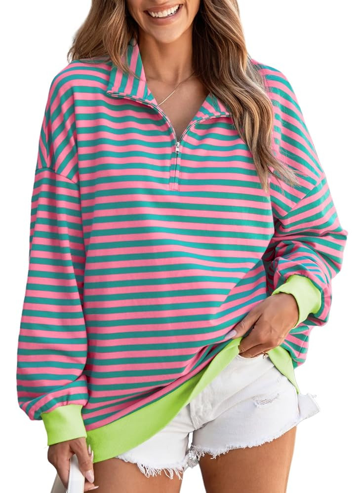 EVALESS Oversized Sweatshirt for Women 2024 Fall Outfits Fashion Long Sleeve Shirts Striped Quart... | Amazon (US)