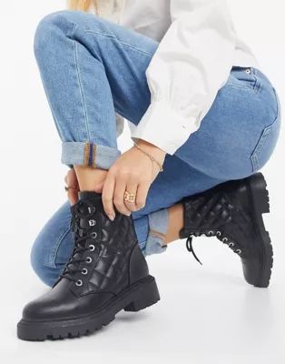 ASOS DESIGN Amy quilted lace up boots in black | ASOS (Global)