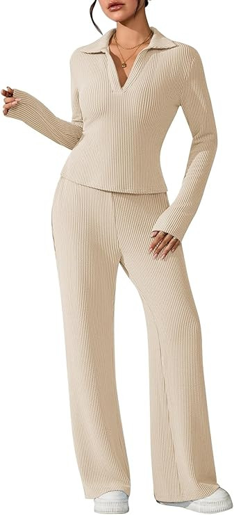 Pink Queen Sweatsuits Women 2 Piece Outfit Long Sleeve Collar V Neck Ribbed Lounge Sets | Amazon (US)